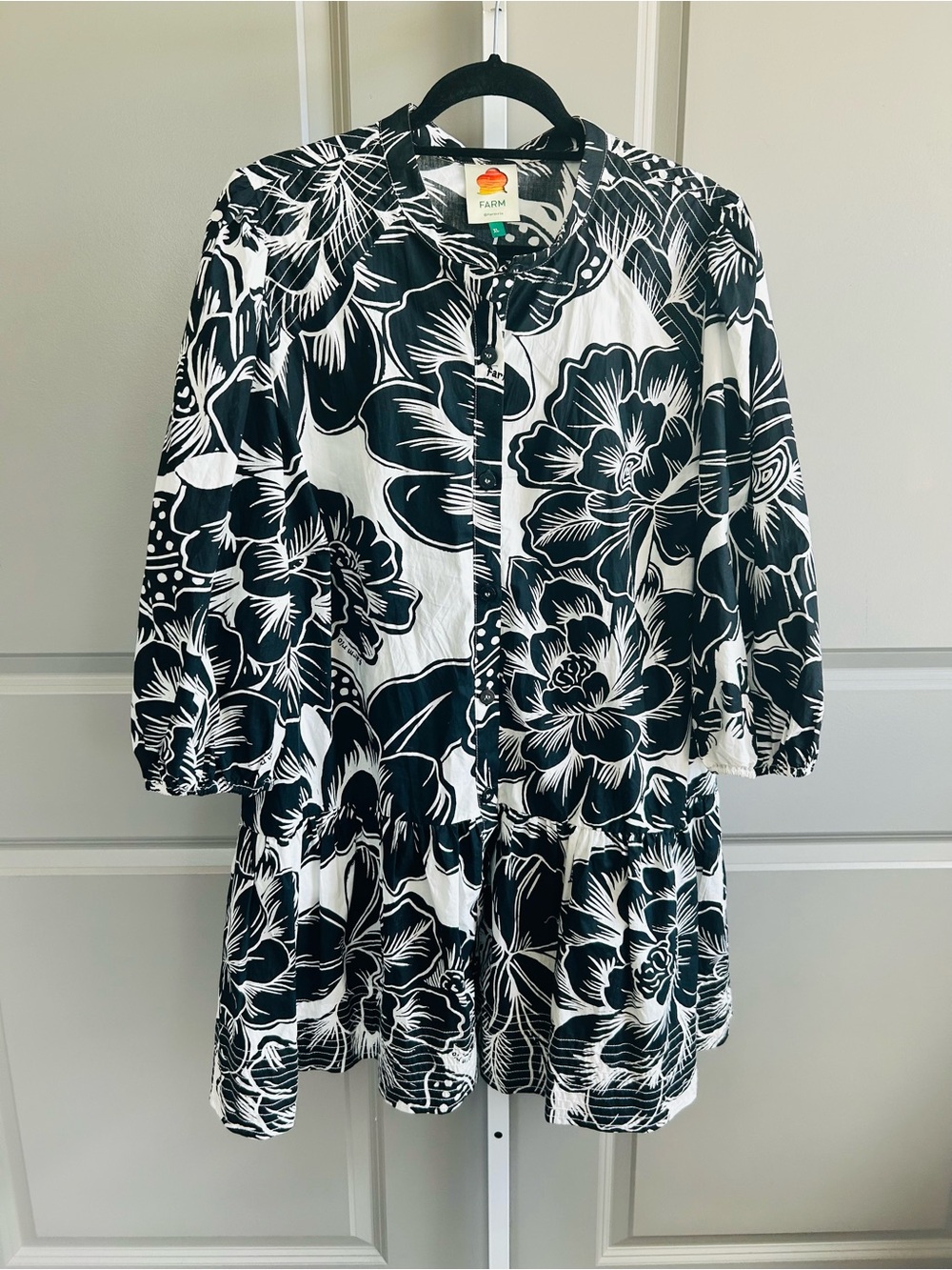 FARM Rio Chita Woodcut Drop Waist Mini Shirt Dress XL Floral Resort coastal #115 - Picture 3 of 13